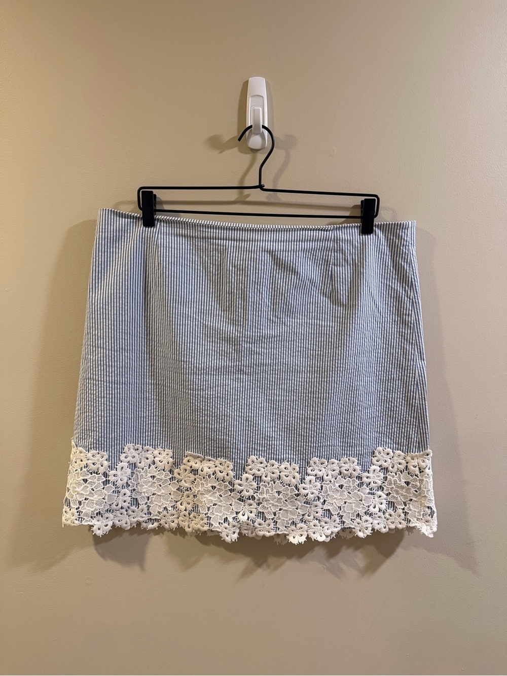 Draper James Blue and White Striped Seersucker Skirt with Floral Trim
